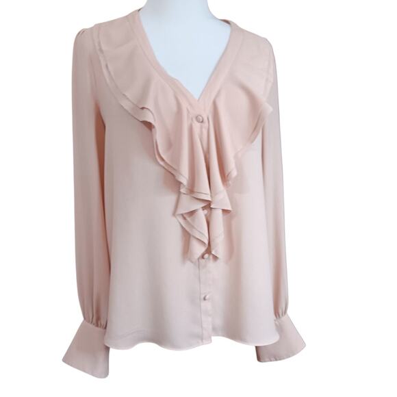 WHBM Pale Blush Pink Ruffled Top Blouse Medium Dressy Event Career Classic VNeck - Picture 2 of 8